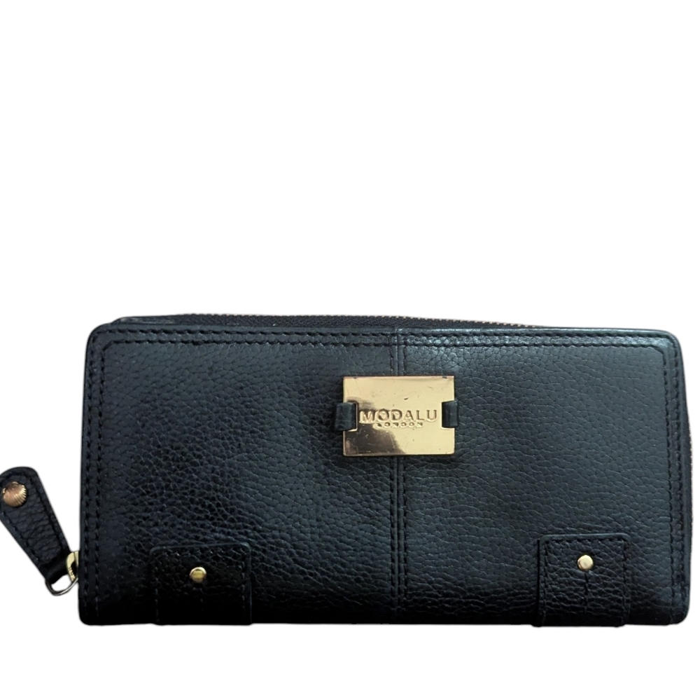 Vintage Womens MODALU-LONDON Black Leather Zip Around. Wallet, Purse, Card Holde